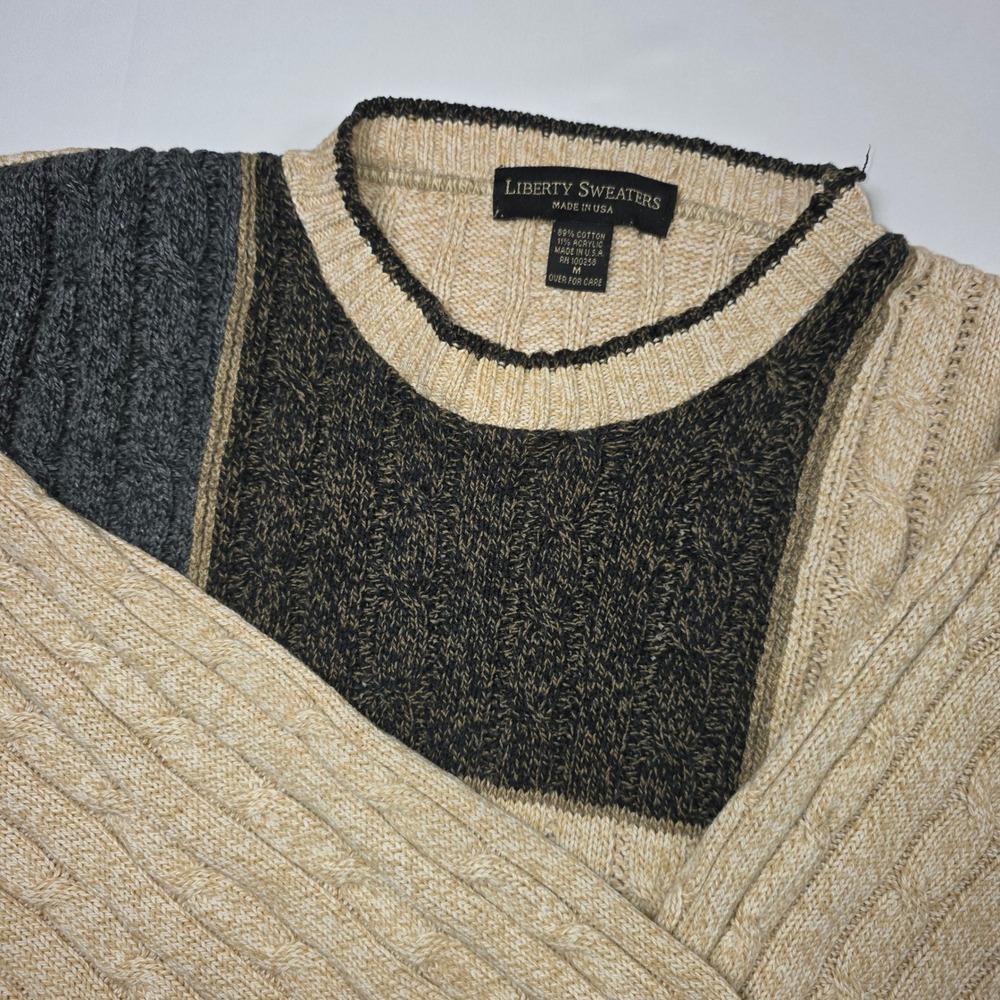 Vtg Liberty Sweaters Mens M Colorblock Cable Knit Patchwork Pullover Beige USA